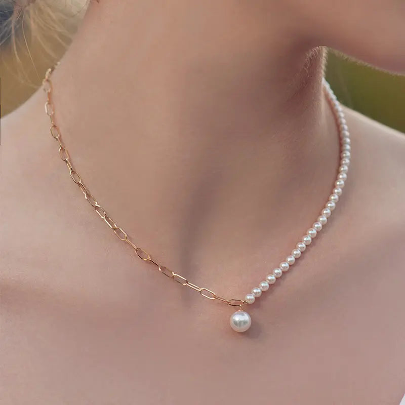 Akoya Pearl 18K Gold Pearl Pendant Half Chain Design Noble Necklace