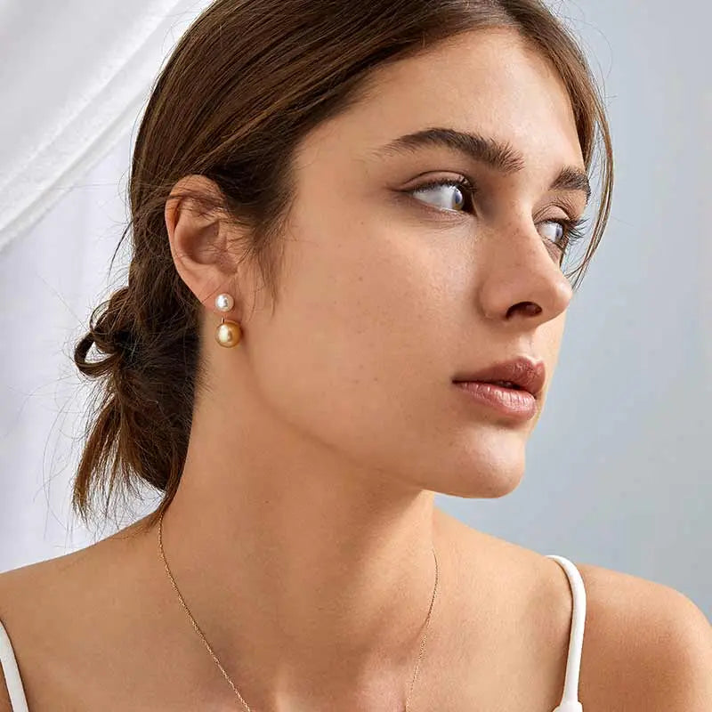 South Sea and Akoya Double Pearl 18K Gold Curved Stud Earrings