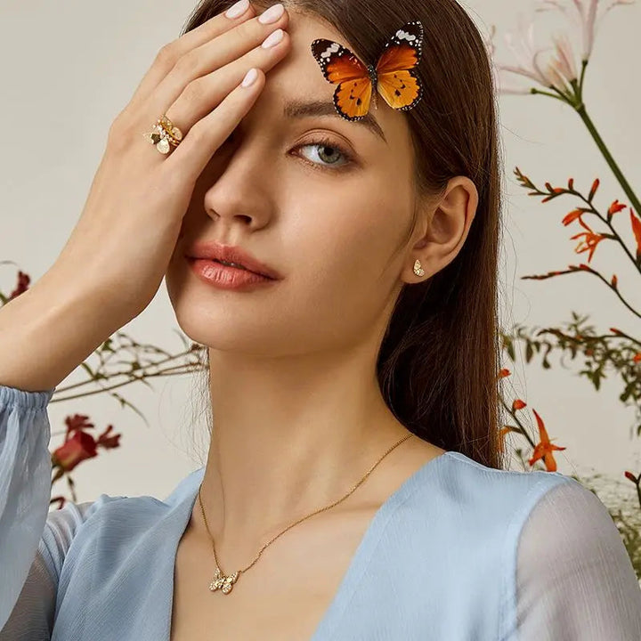 MONET GARDEN COLLECTION 18K Gold Butterfly Diamonds Ear Studs - HELAS Jewelry