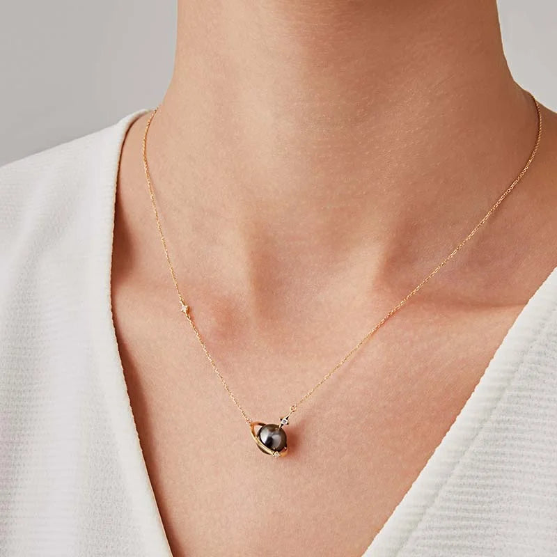 Tahitian Pearl 18K Gold Planetary Style Diamonds Necklace