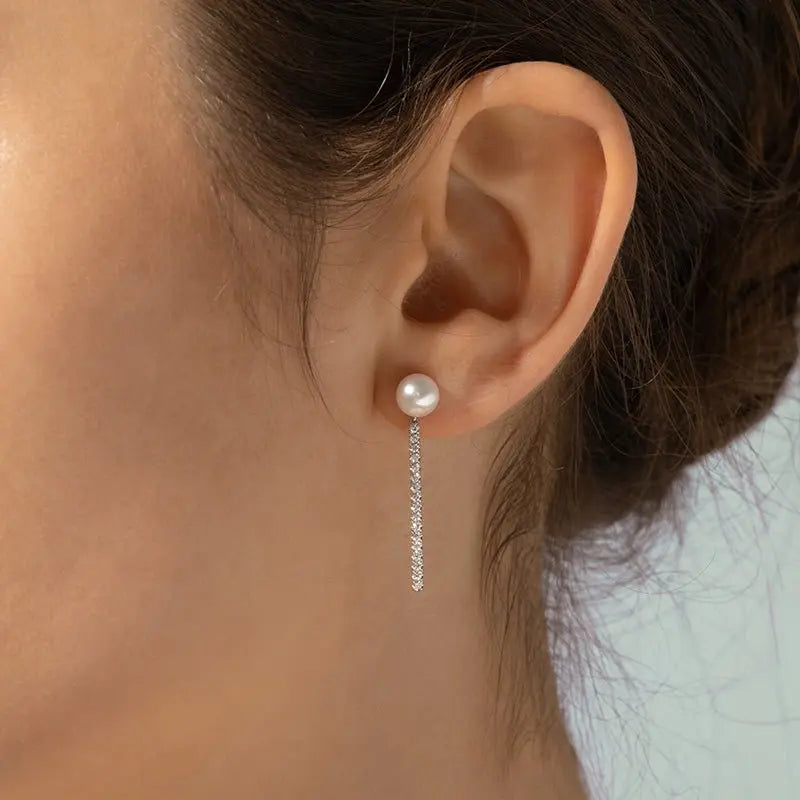 MELODY COLLECTION Akoya Saltwater Pearl 18K White  Gold Semibreve Long Diamond Earrings - HELAS Jewelry