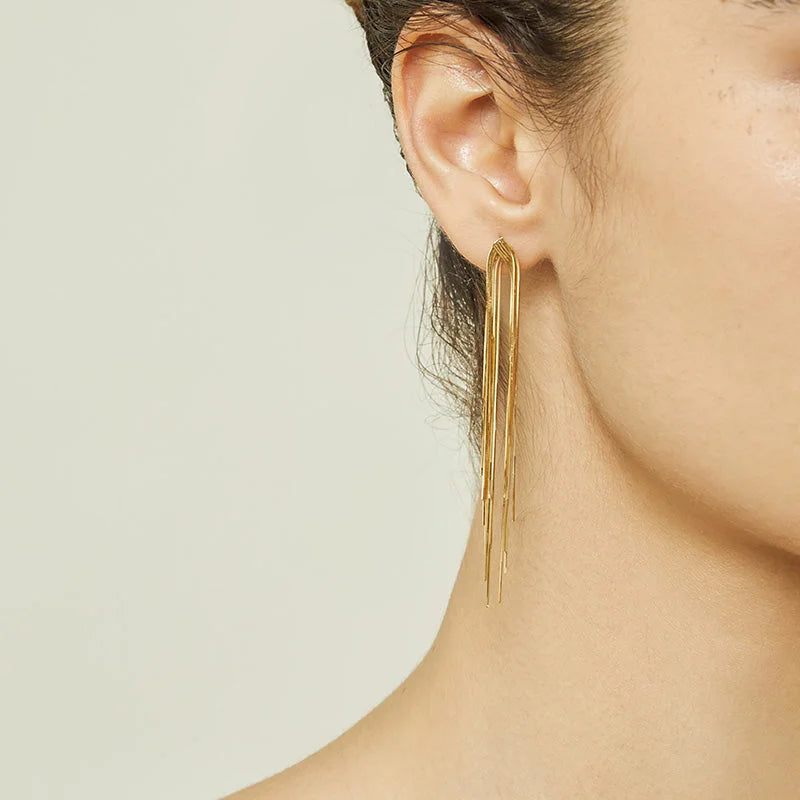 18K Gold Herringbone Chain Pure Metal Eardrop Earring