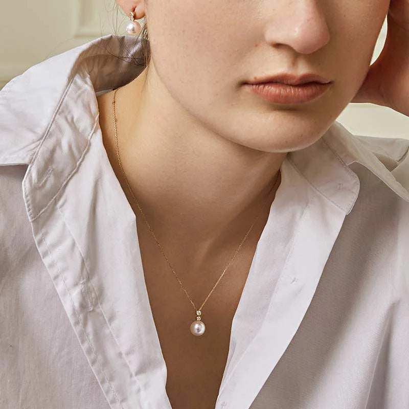 Akoya Pearl 18K Gold Twin Diamond Pendant Necklace
