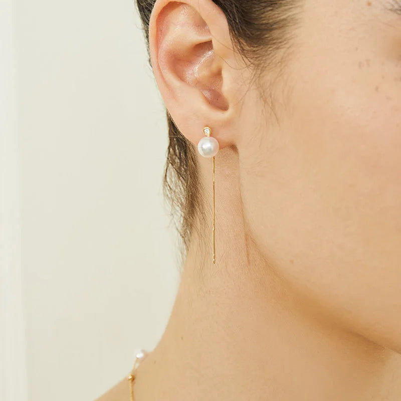 Akoya Pearl 18K Gold Thread Diamond Earrings - HELAS Jewelry