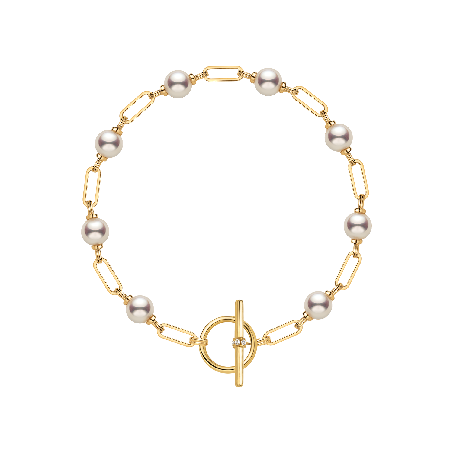 AAAAA freshwater pearl gold vermeil diamond OT toggle chain bracelet in 925 sterling silver, product flat lay on transparent background