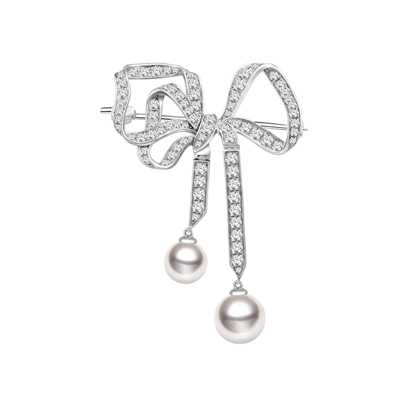 Akoya Pearl 18K White Gold Bowknot Diamond Brooch