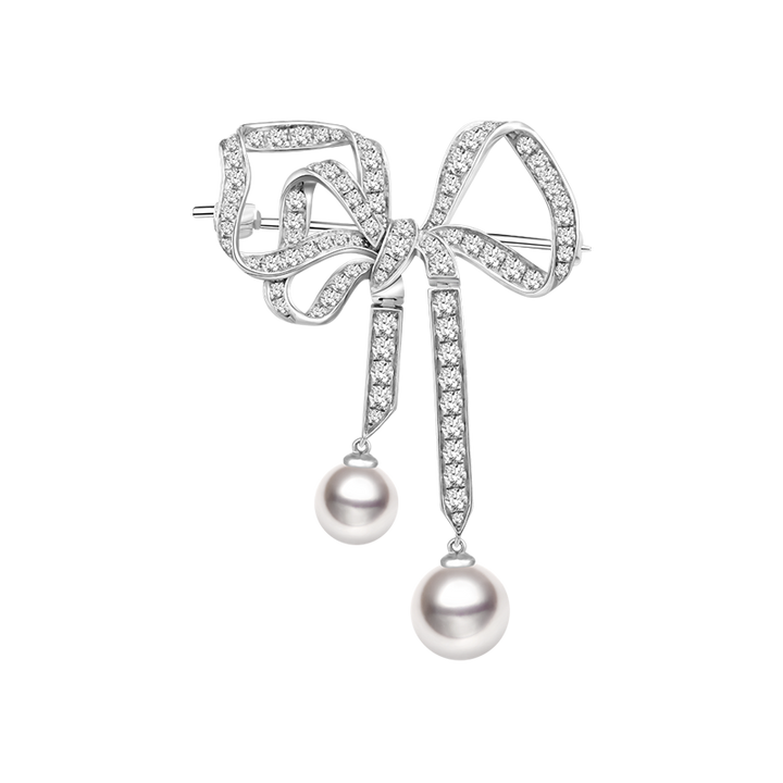 Akoya Pearl 18K White Gold Bowknot Diamond Brooch