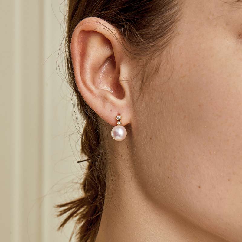 Akoya Pearl 18K Gold Double Diamond Elegant Earrings - HELAS Jewelry