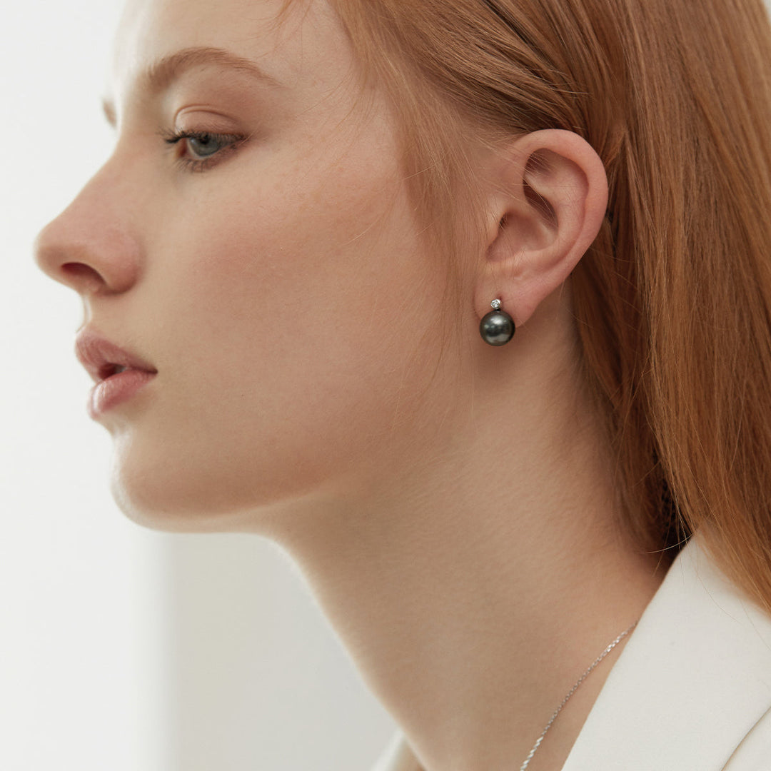 Tahitian Pearl 18K Gold Basic Diamond Earrings
