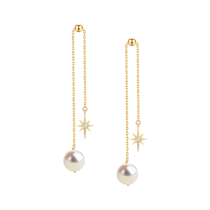 Gold plating 925 sterling silver north star CZ freshwater pearl chain drop earrings, product pair view