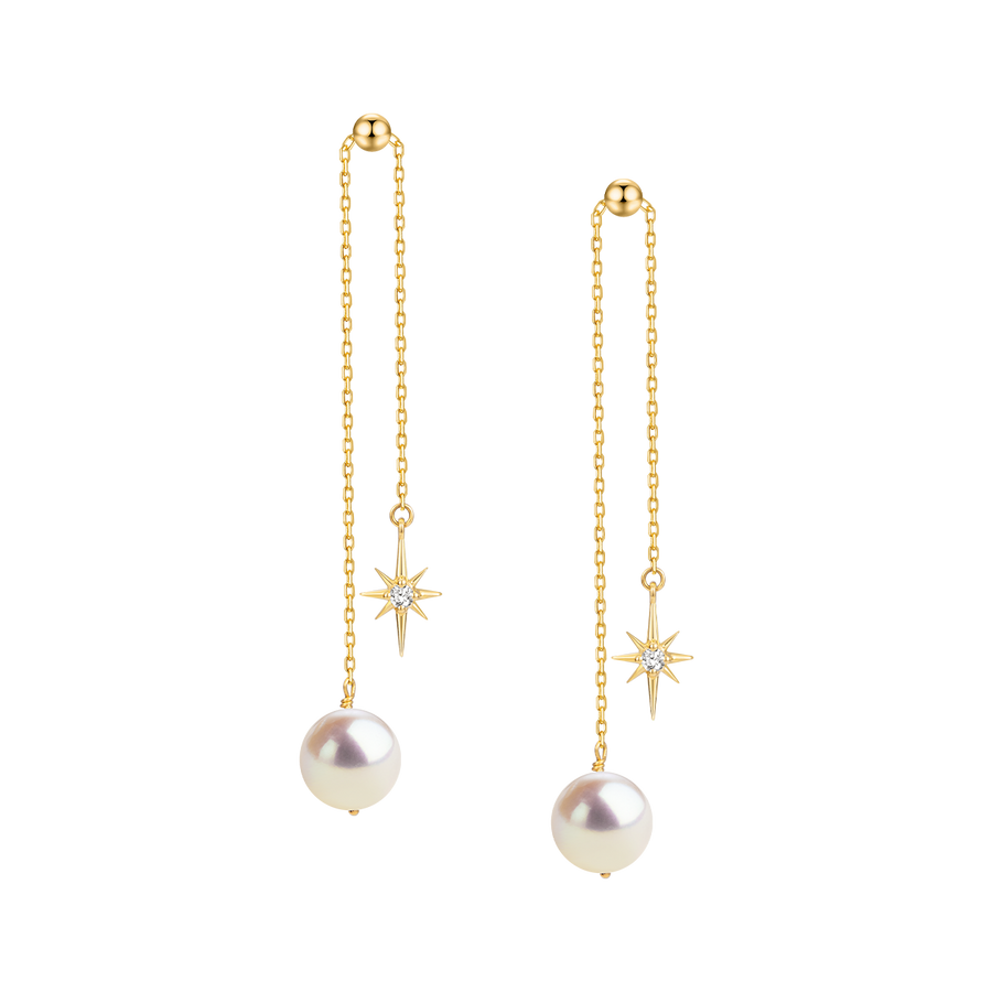 Gold plating 925 sterling silver north star CZ freshwater pearl chain drop earrings, product pair view