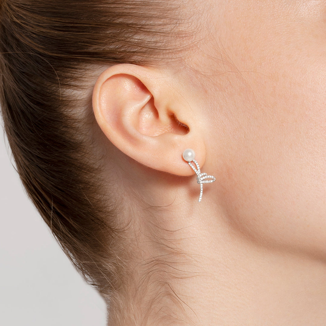 Akoya Pearl 18K White Gold Knot Diamond Earrings