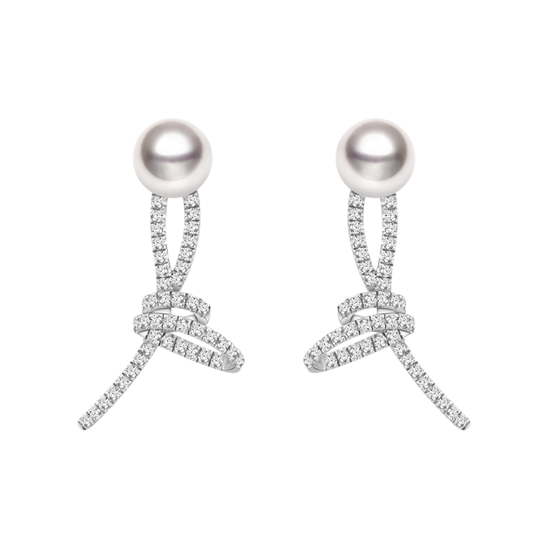 Akoya Pearl 18K White Gold Knot Diamond Earrings