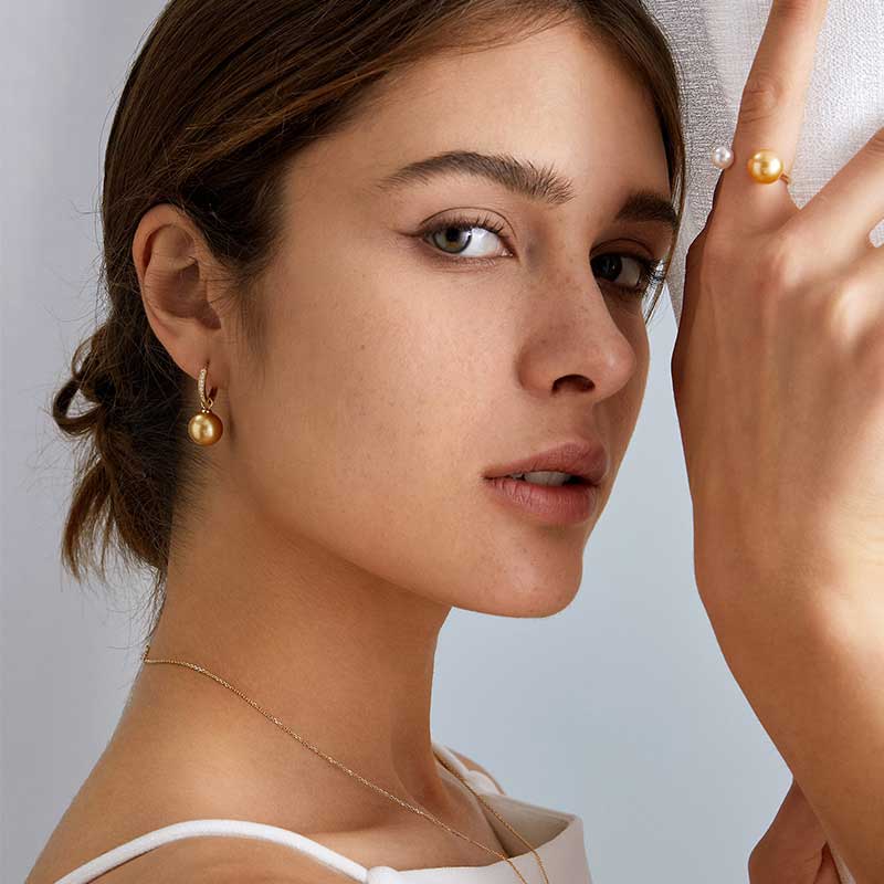 South Sea Golden Pearl 18K Gold Round Diamonds Earrings