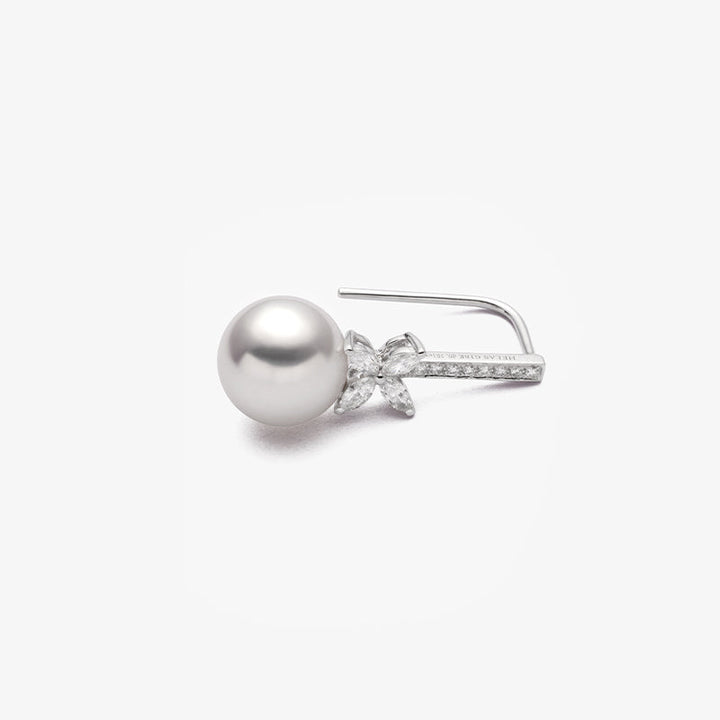 Akoya Pearl 18K White Gold White Flower Diamonds Long Stud Earrings