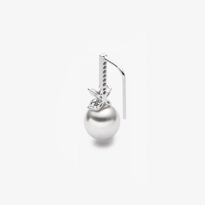 Akoya Pearl 18K White Gold White Flower Diamonds Long Stud Earrings