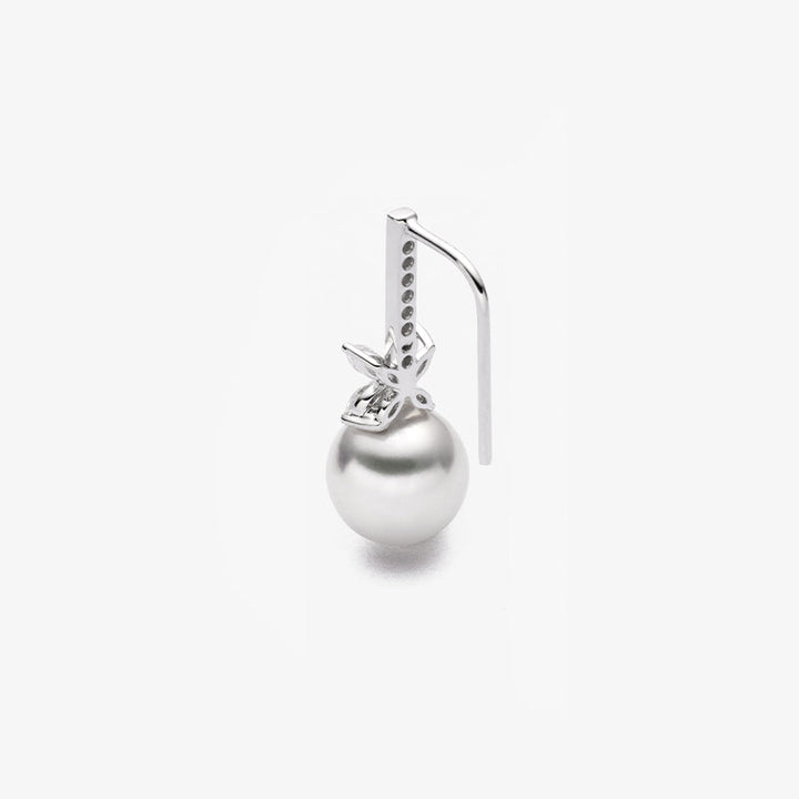 Akoya Pearl 18K White Gold White Flower Diamonds Long Stud Earrings
