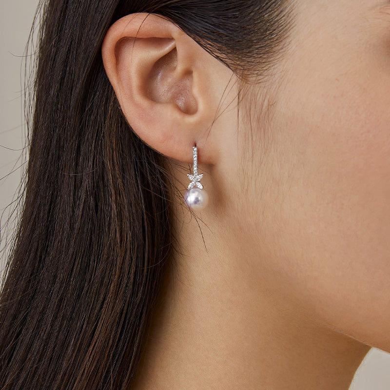 Akoya Pearl 18K White Gold White Flower Diamonds Long Stud Earrings