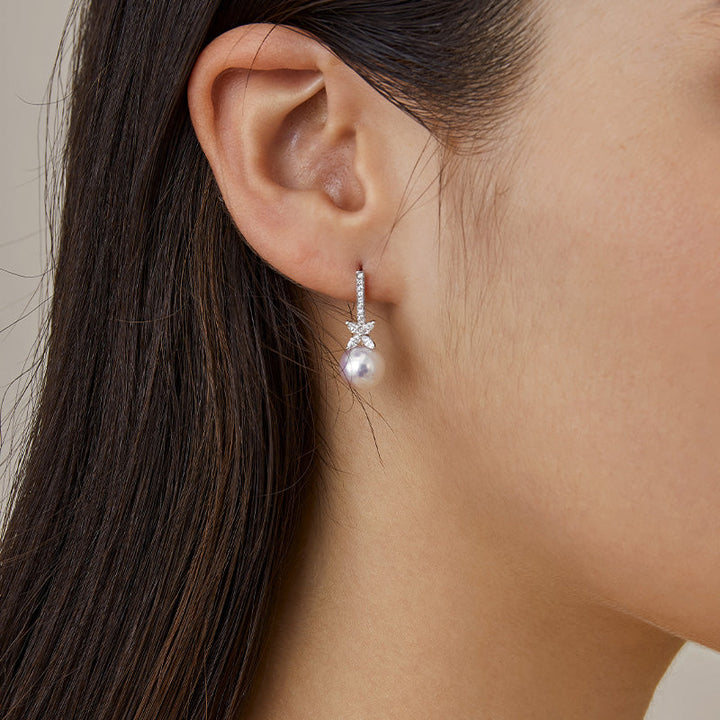 Akoya Pearl 18K White Gold White Flower Diamonds Long Stud Earrings
