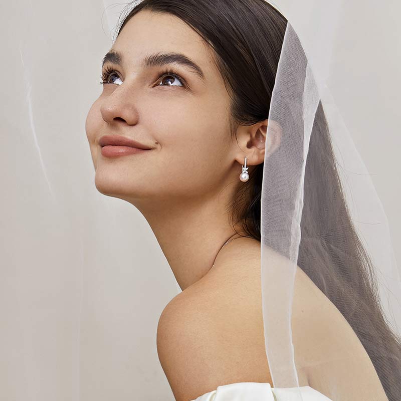 Akoya Pearl 18K White Gold White Flower Diamonds Long Stud Earrings - HELAS Jewelry