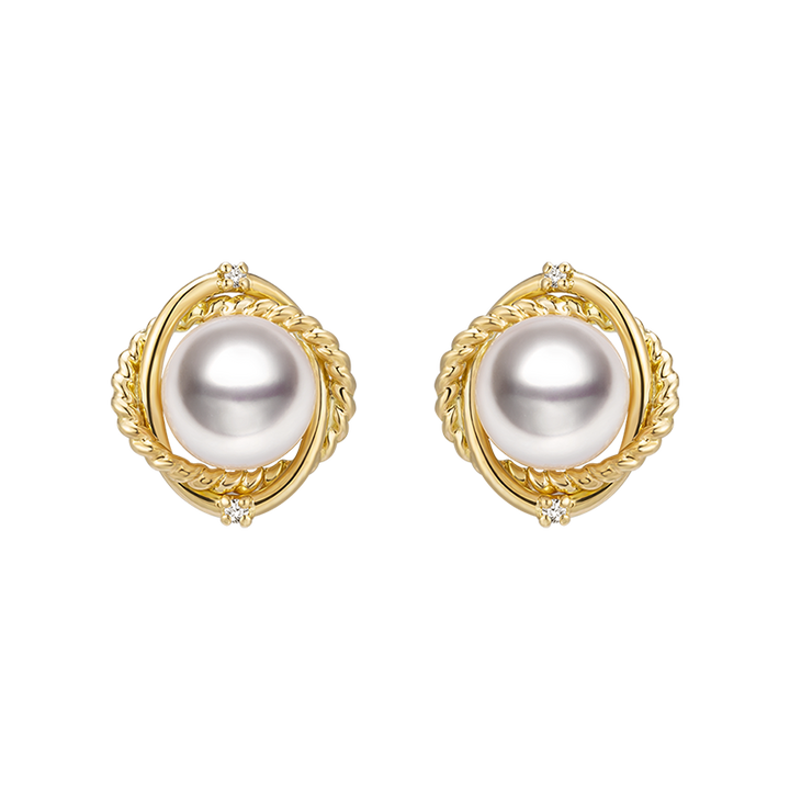 Akoya Pearl Diamond Knot Stud Earrings 18K Yellow Gold