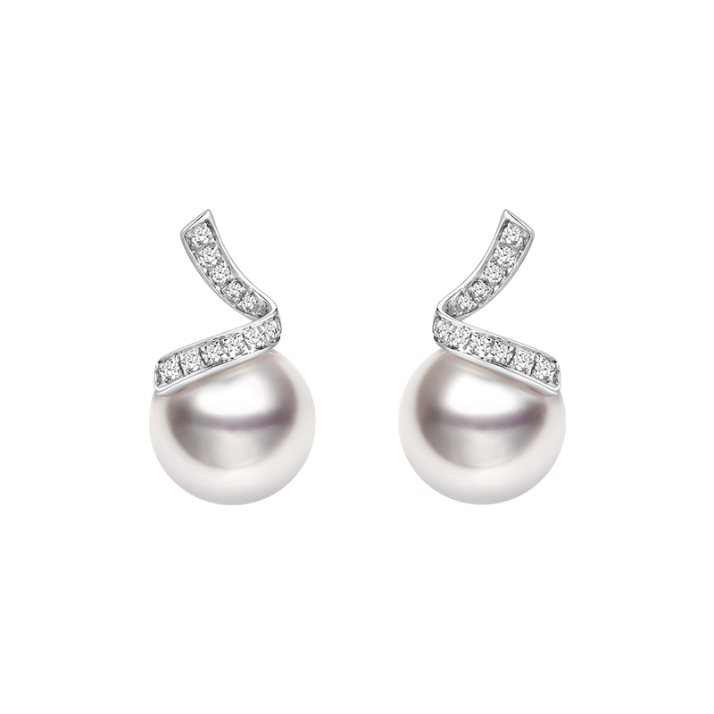 Akoya Pearl 18K White Gold Classic Wave Stud Diamonds Earrings