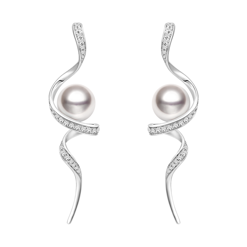 Akoya Pearl 18K Solid Gold Wave Curl Long Drop Diamonds Earrings