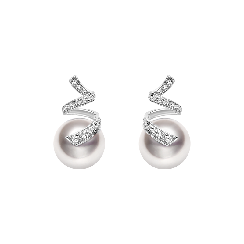 Akoya Pearl 18K White Gold Multi-Curve Wave Stud Diamonds Earrings