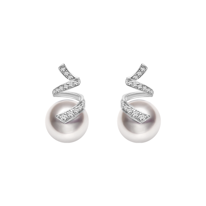 Akoya Pearl 18K White Gold Multi-Curve Wave Stud Diamonds Earrings