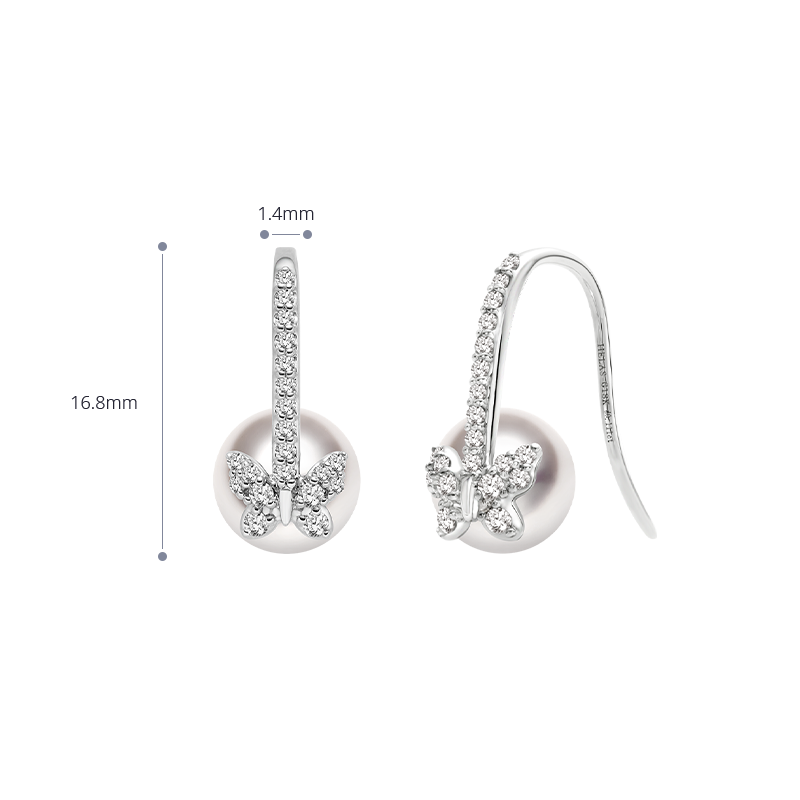 Akoya Pearl 18K Gold Diamond Butterfly Diamond ear Hooks Earrings