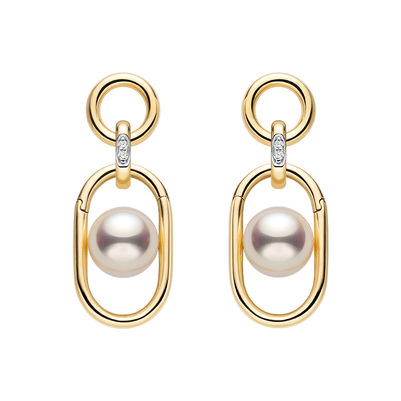 Akoya Saltwater Pearl 18K Gold Hoop Chain Adjustable Interlocking Earrings