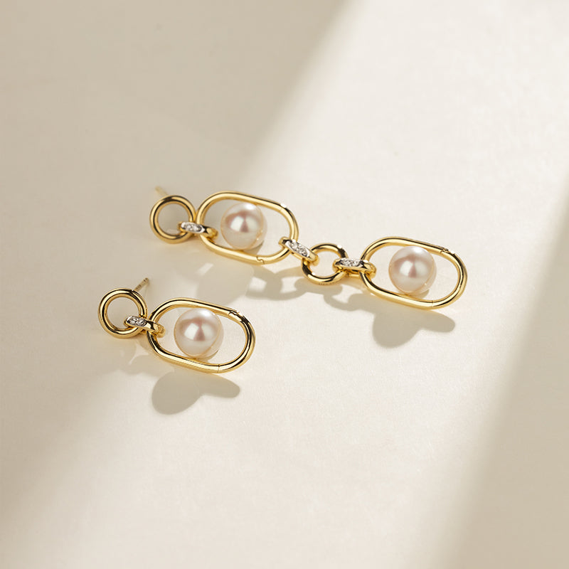 Gold vermeil interlocking oval drop earrings with freshwater pearls and lab-grown diamonds, short and long styles