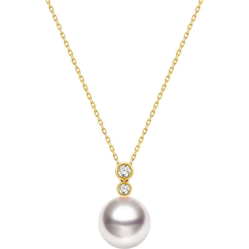 Akoya Pearl 18K Gold Twin Diamond Pendant Necklace