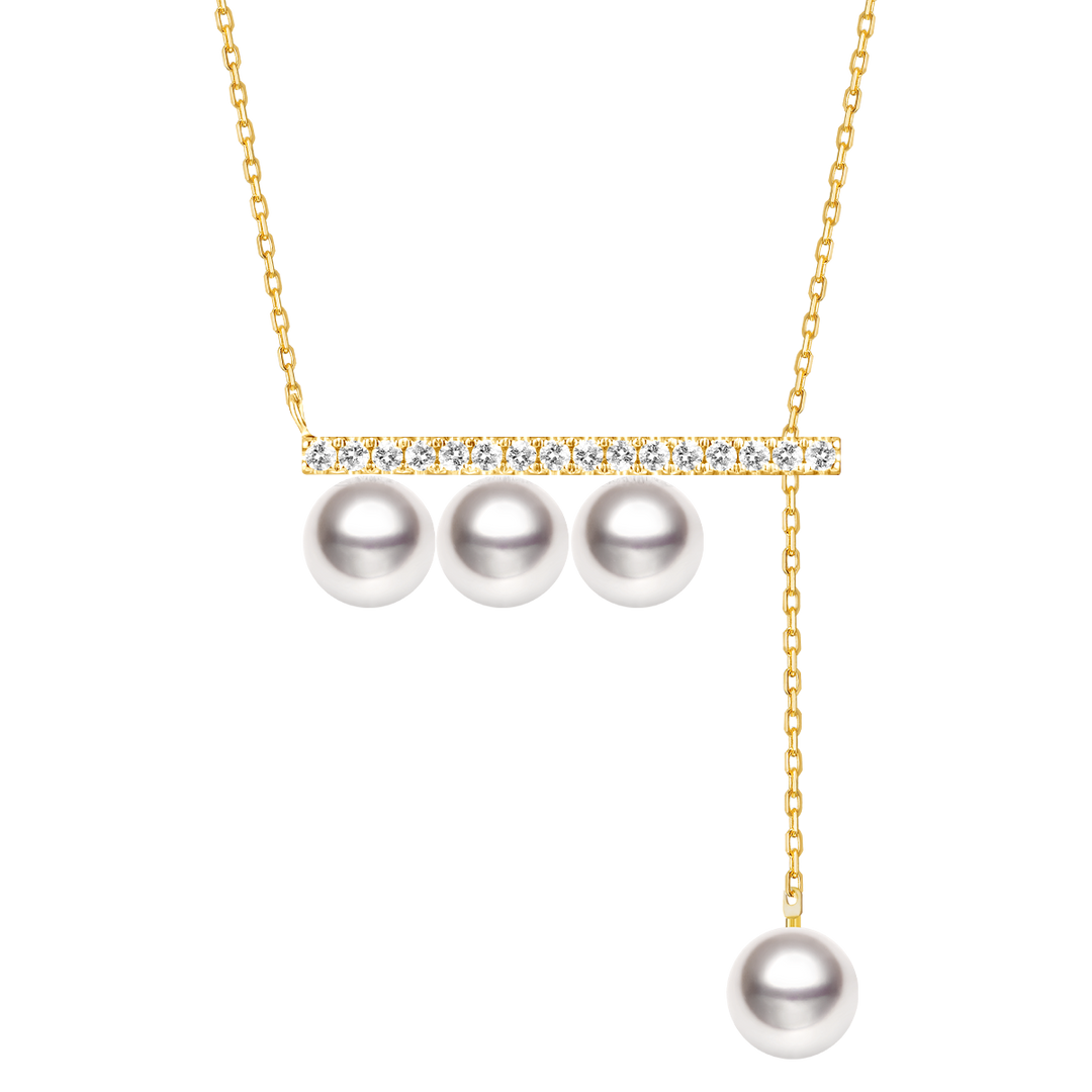 Akoya Pearl 18K Yellow Gold Balance Beam Diamond Necklace