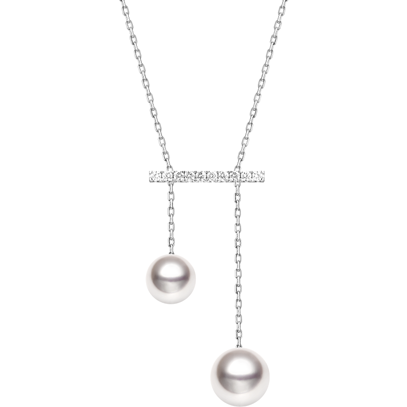 Akoya Saltwater Pearl 18K Gold Asymmetric Balance Beam Diamond Necklace