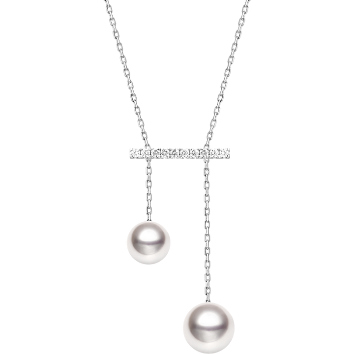 Akoya Saltwater Pearl 18K Gold Asymmetric Balance Beam Diamond Necklace