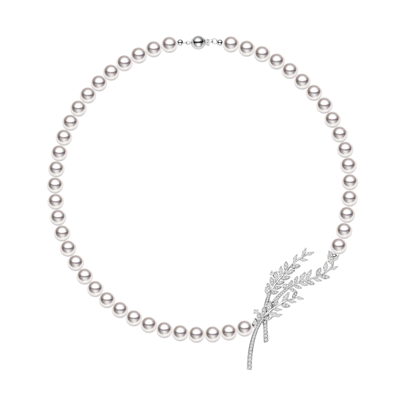 Akoya Pearl Beaded 18K Diamonds Sycamore Leaves Necklace