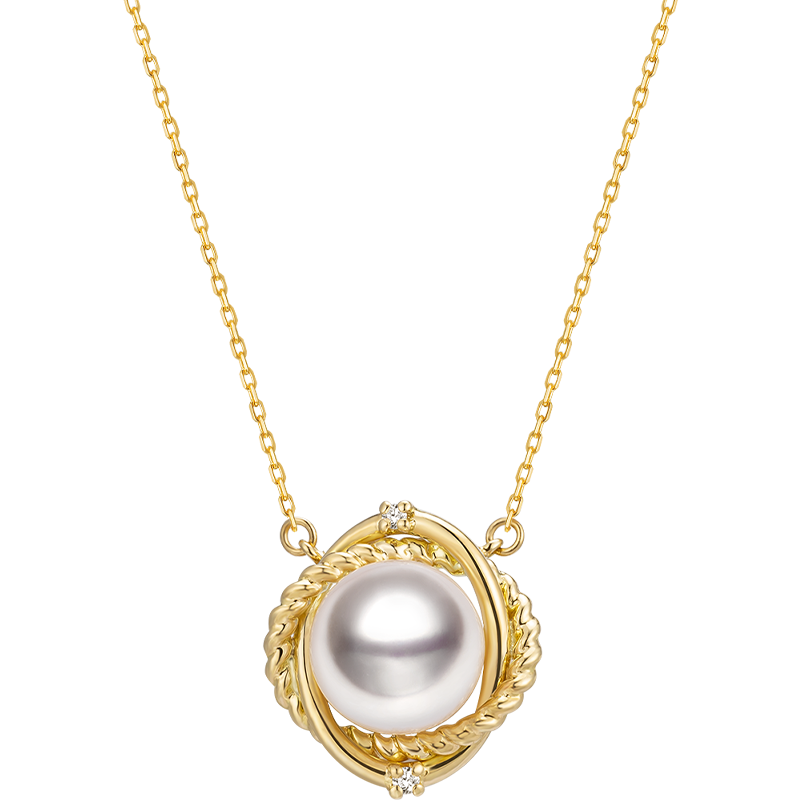 Akoya Pearl Necklace 18K Yellow Gold Diamond Knot Pendant