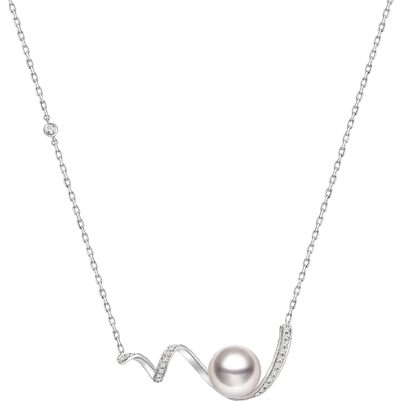 Akoya Pearl 18K White Gold Small Wave Curl Diamonds Necklace