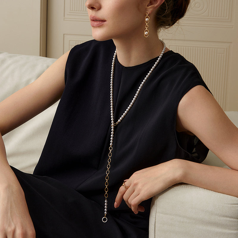 Akoya Saltwater Pearl 18K Gold Diamond Infinity Loop Long Sweater Chain Necklace