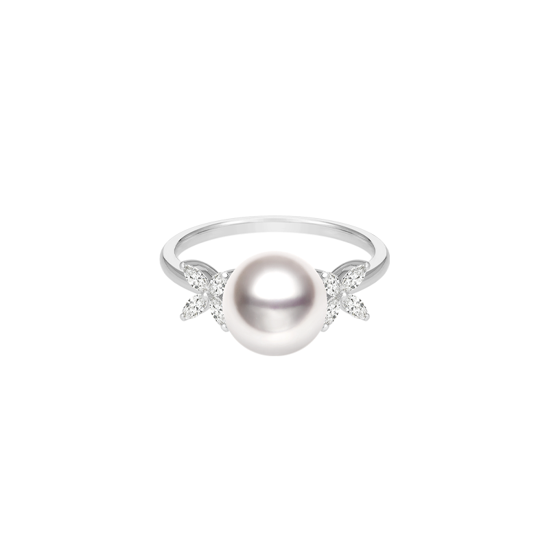 Akoya Pearl 18K White Gold White Flower Diamonds Ring - HELAS Jewelry
