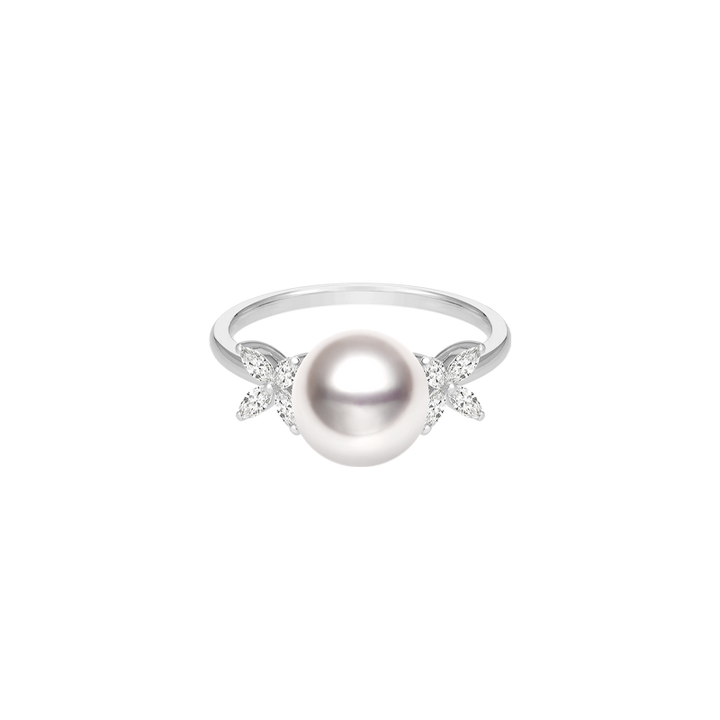 Akoya Pearl 18K White Gold White Flower Diamonds Ring