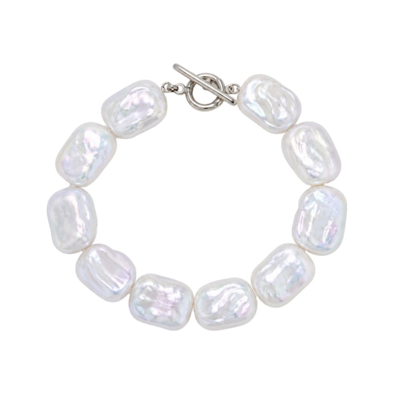 Iridescent squared baroque freshwater pearl toggle bracelet in 925 sterling silver
