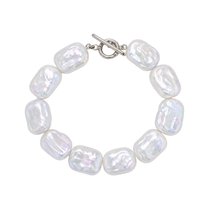 Iridescent squared baroque freshwater pearl toggle bracelet in 925 sterling silver