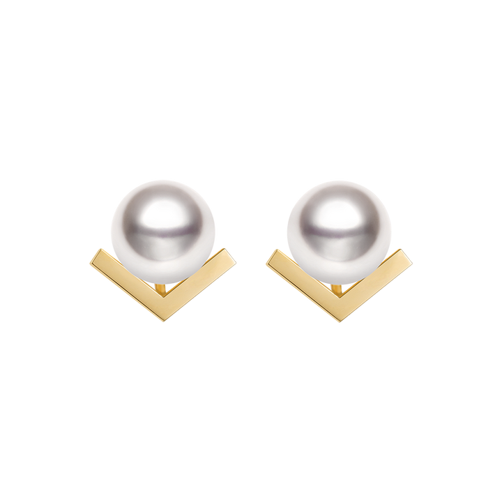 Akoya Saltwater Pearl 18K Yellow Gold Diamond V-shape Earrings