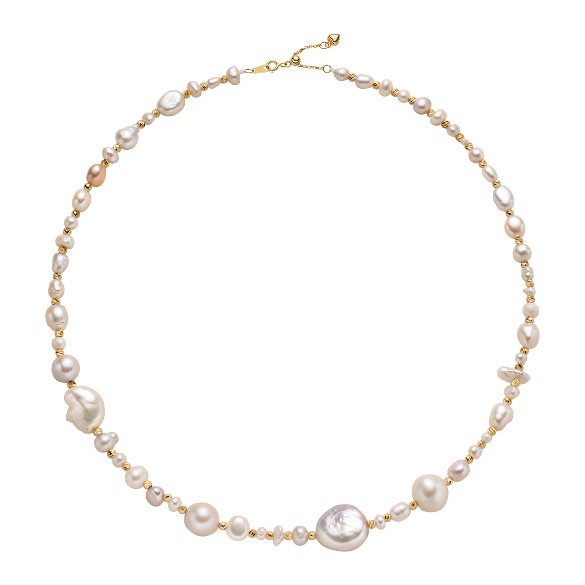 Baroque mixed freshwater pearl gradient strand necklace in gold-plated 925 sterling silver, flat lay on black background