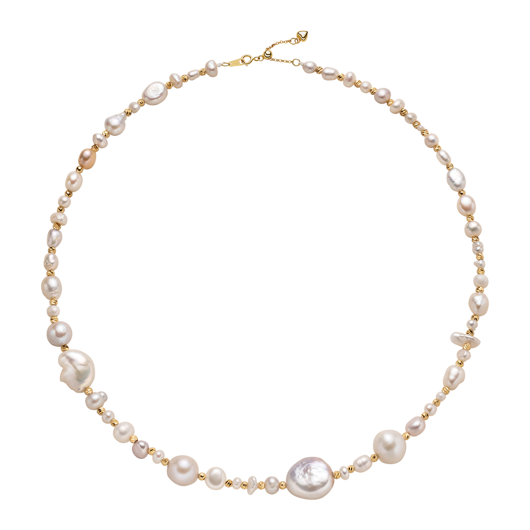 Baroque mixed freshwater pearl gradient strand necklace in gold-plated 925 sterling silver, flat lay on black background