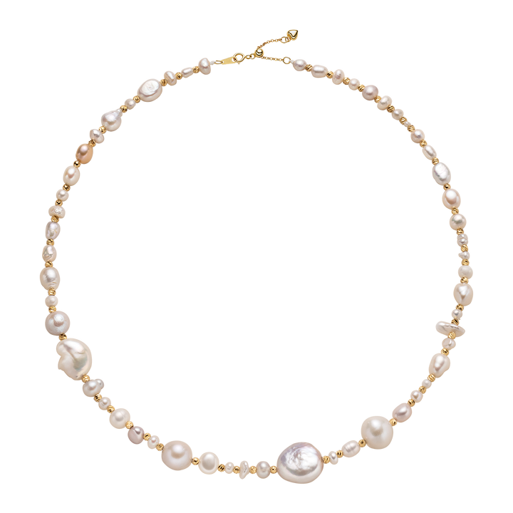 Baroque mixed freshwater pearl gradient strand necklace in gold-plated 925 sterling silver, flat lay on black background
