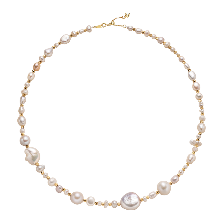 Baroque mixed freshwater pearl gradient strand necklace in gold-plated 925 sterling silver, flat lay on black background