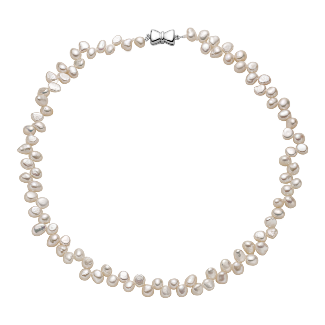 Freshwater pearl butterfly clasp strand necklace in 925 sterling silver, flat lay on black background